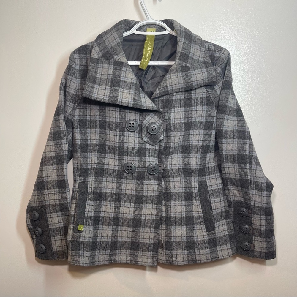 Soia & Kyo Pea Coat Womens Medium - Collard - Double Breasted - Gray Plaid Y2K